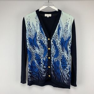 VINTAGE BALLA VALENTINA Black/Blue Animal Print Gold Button Silk Cardiga…